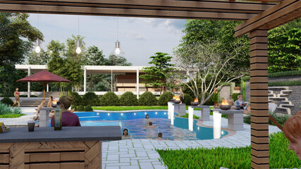 Swimming Pool Design Sitting Area Barbeque Corner 3D Rendered