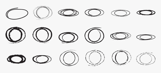 Doodle oval. Hand drawn ovals and circles set. Hand-drawn ellipse, round grunge frame and circled doodle isolated icon set. Ellipses in doodle style. Set of vector illustration.