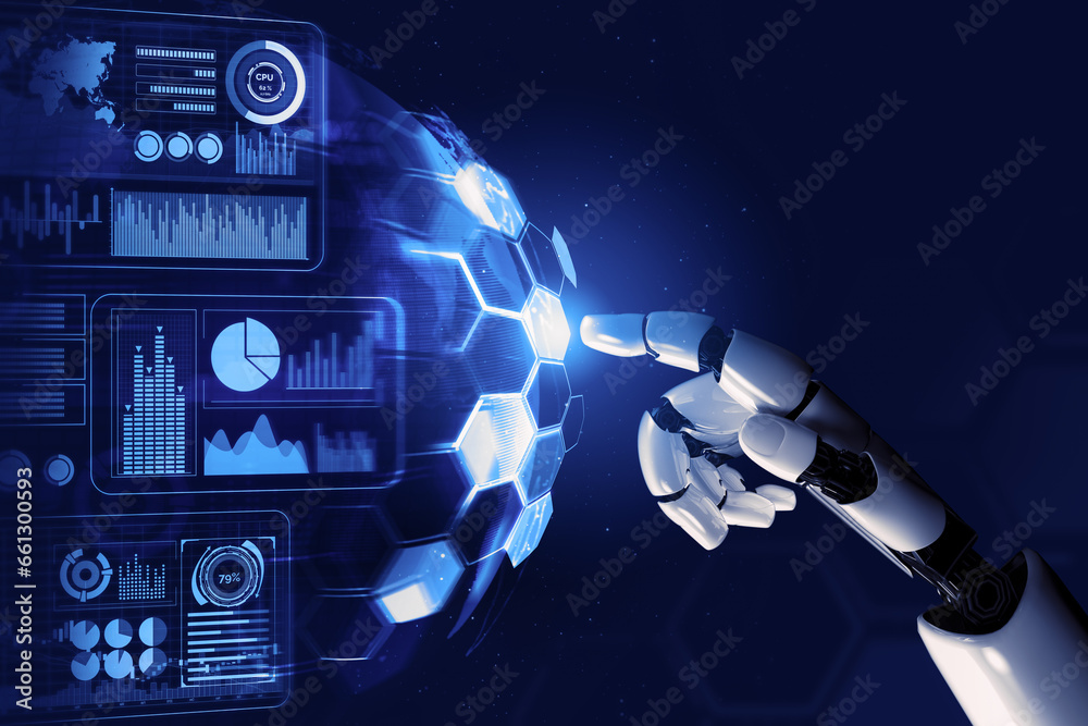 Poster 3d rendering futuristic robot technology development, artificial intelligence ai, and machine learni