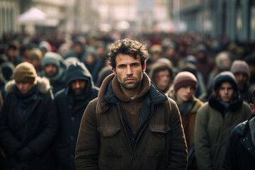 Crowd of sad, tired people in outerwear on street, an adult man standing and looking at camera