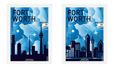 USA Fort Worth city poster pack with abstract shapes of skyline, cityscape, landmarks and attractions. US Texas state travel vector illustration set for brochure, website, page, business presentation - obrazy, fototapety, plakaty
