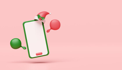 3d social media with mobile phone, smartphone, chat bubbles, Santa claus hat isolated on pink background. merry christmas and happy new year, 3d render illustration concept - obrazy, fototapety, plakaty