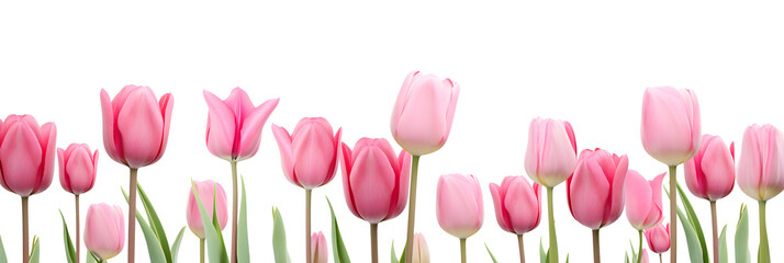 border of beautiful pink tulip flowers, isolated over a transparent background, cut-out floral, perfume / essential oil, romantic wildflower banner or garden design cut-out PNG