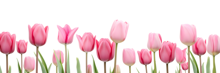 border of beautiful pink tulip flowers, isolated over a transparent background, cut-out floral, perfume / essential oil, romantic wildflower banner or garden design cut-out PNG