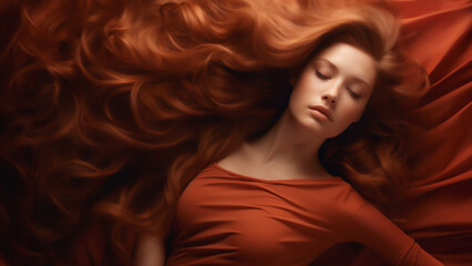 Creative illustration of a young woman with extraordinarily long hair and wearing a brown top. Fashion portrait. A woman sleeping.