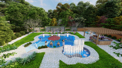 Swimming Pool Design Sitting Area Barbeque Corner 3D Rendered