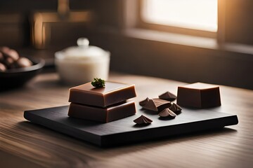 Chocolate cake with frosting on neutral background