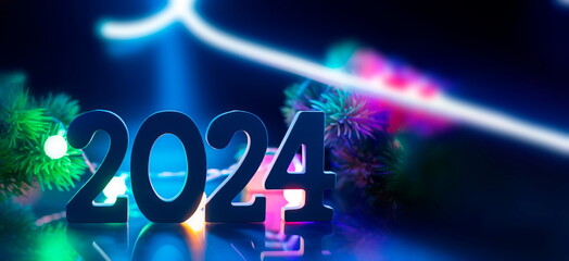 New Year's Eve 2024 Celebration Background.Christmas lights bokeh background. Holiday postcard....