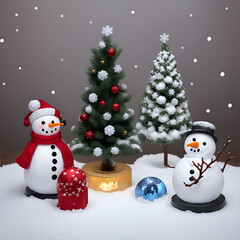 A cheerful Christmas scene with a festive, snow-covered small tree and a friendly snowman. The small tree is adorned with twinkling lights and colorful ornaments. AI Generative.