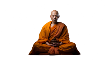 bald Buddhist monk with orange robe sitting in the lotus pose. Isolated on Transparent background.