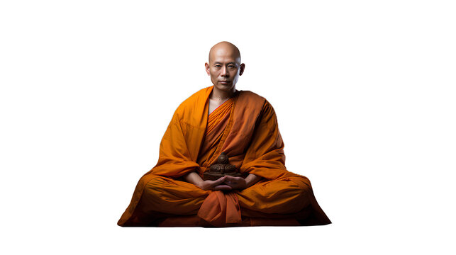 bald Buddhist monk with orange robe sitting in the lotus pose. Isolated on Transparent background.