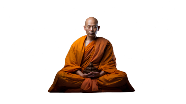 bald Buddhist monk with orange robe sitting in the lotus pose. Isolated on Transparent background.