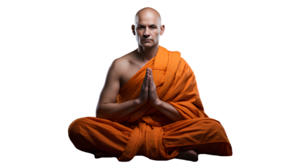 bald Buddhist monk with orange robe sitting in the lotus pose. Isolated on Transparent background.