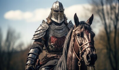 The brave knight in shining armor sits atop a powerful warhorse. - obrazy, fototapety, plakaty