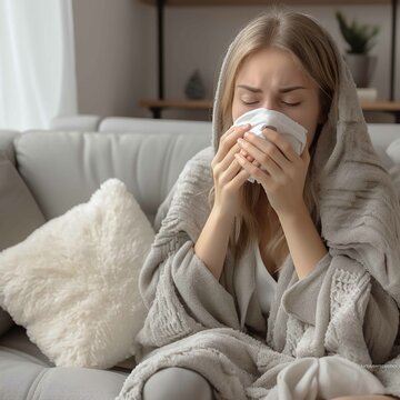 Photograph of cold sick woman sitting on the couch with a mask stock photo, depictions of inclement weather, water drops, isometric, medicalcore