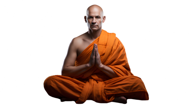 bald Buddhist monk with orange robe sitting in the lotus pose. Isolated on Transparent background.