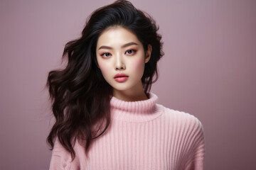 Portrait of a young Korean woman in a winter pink sweater