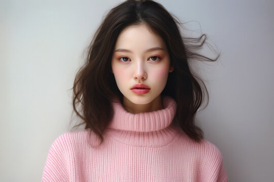 Portrait of a young Korean woman in a winter pink sweater