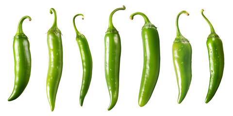 set of spicy fresh green chilli peppers isolated over a transparent background, cooking, food or diet design elements, PNG