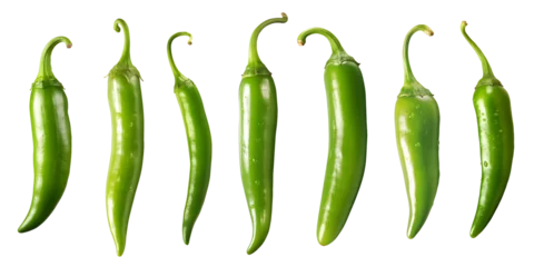 Poster Im Rahmen set of spicy fresh green chilli peppers isolated over a transparent background, cooking, food or diet design elements, PNG © sam