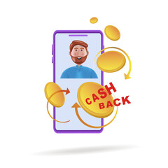 Smartphone. Cash and financial payments refund service, cash back.
 Vector illustration, cartoon character, 3d.