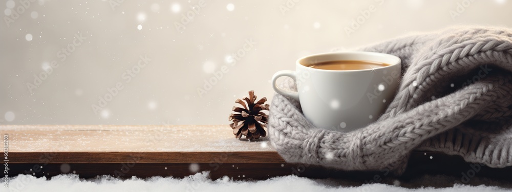 Wall mural a cup of hot beverage wrapped in a cozy knitted scarf against a snowy winter backdrop. a christmas a