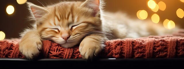 Sleepy kitten resting on a red knitted blanket against a backdrop of twinkling lights. A Christmas and New Year background. Banner. - obrazy, fototapety, plakaty