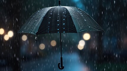 Raindrops fall on a black umbrella at night - obrazy, fototapety, plakaty