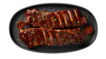 Black Plate of BBQ Ribs. Top view. Isolated on Transparent background.