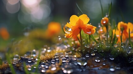 Spring flowers hit by raindrops - obrazy, fototapety, plakaty
