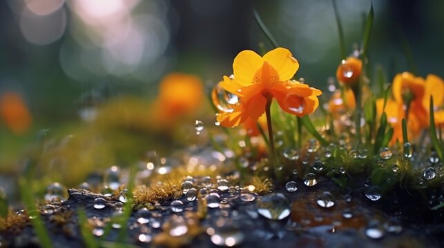 Spring flowers hit by raindrops