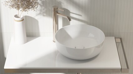 White stone vanity counter, modern bowl washbasin, gold chrome faucet in sunlight, shadow on cream...