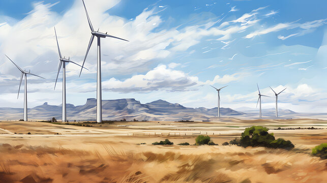 Watercolour illustration of wind powerplants in plain sight. 