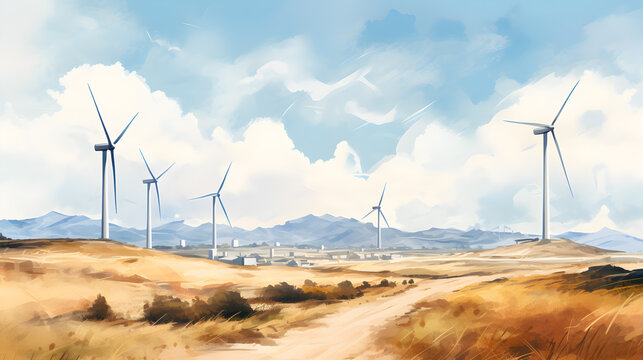 Watercolour illustration of wind powerplants in plain sight. 