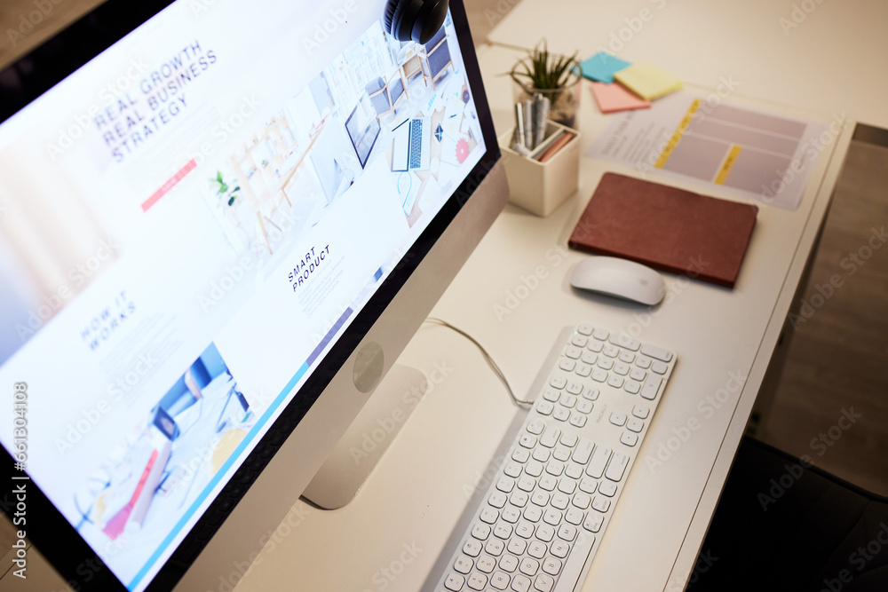 Poster website, planning and a computer screen in an office, table or workspace connection. strategy, busin