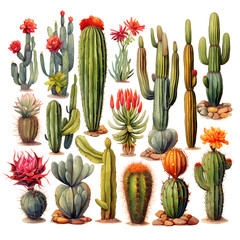 Wild Cactus Varieties Isolated on Transparent or White Background, PNG - obrazy, fototapety, plakaty