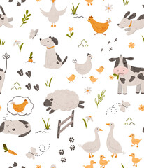 Cartoon Village map seamless pattern. Background of a farm with barn, windmill, funny animals, plants. Perfect for textile, fabric, paper, games, play mat. Hand drawn digital illustration © Daryartsy