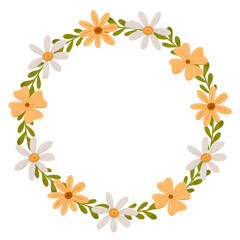Pretty wreath with simple daisy flowers. Chamomile circle frame in scandinavian style. Stylized tiny flowers, digital illustration for cards, invitations, decorations, logo.