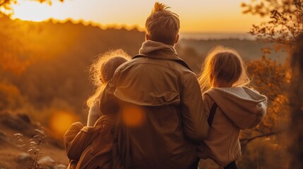Father, mother and child having fun and spending time in autumn nature at sunset