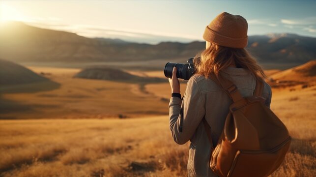 Young female photographer in photo from behind with dslr camera in the mountains