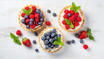 Tartlets with blueberries, raspberries and strawberries on white table. Fruit mini cake with cream...