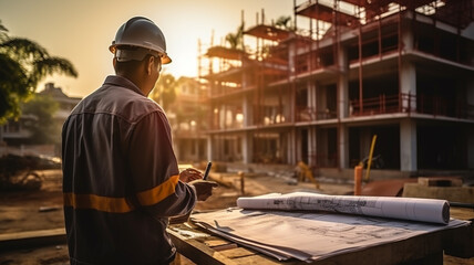 Rear view of the master foreman in uniform and helmet watches, controls the construction of the house. - obrazy, fototapety, plakaty