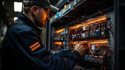A male electrician works in a switchboard with an electrical connecting cable. Working professions concept