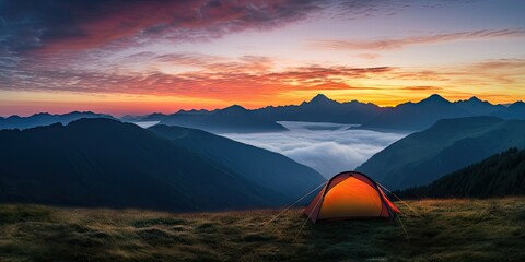 Tent amidst majestic mountains at sunset. Sunrise camping. Embracing nature beauty in mountain. Outdoor adventures. Summer under starry sky