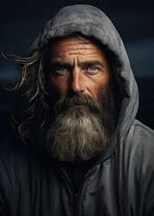 Portrait of an elderly man with a beard and long hair against the background of the sea.