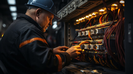 A male electrician works in a switchboard with an electrical connecting cable. Working professions concept