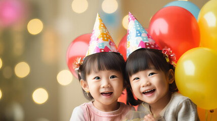 Fototapeta na wymiar Happy Birthday little girl. Smiling Little Twins Asian Girls wearing party hats in birthday party, xmas party, new year party. Celebration party. Twins portrait.