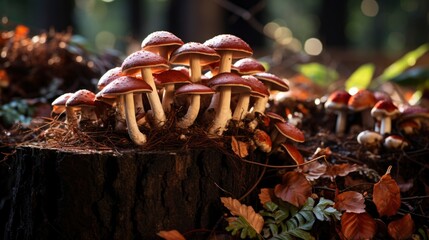 Close-up shot of mushrooms in the autumn forest.