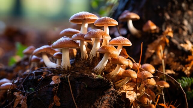 Close-up shot of mushrooms in the autumn forest.