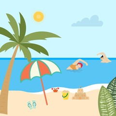 Fototapeta na wymiar summer beach concept, multi-color vector with umbella, sun, people, leaf, tree, slipper in sea background illustration